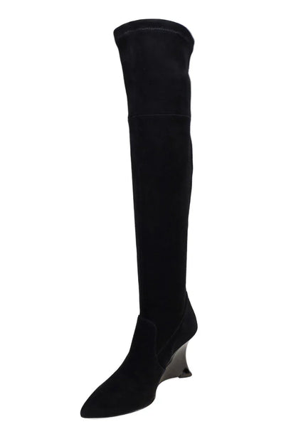 Natori Natsu Stretch Suede Over the Knee Wedge Boot - Black
