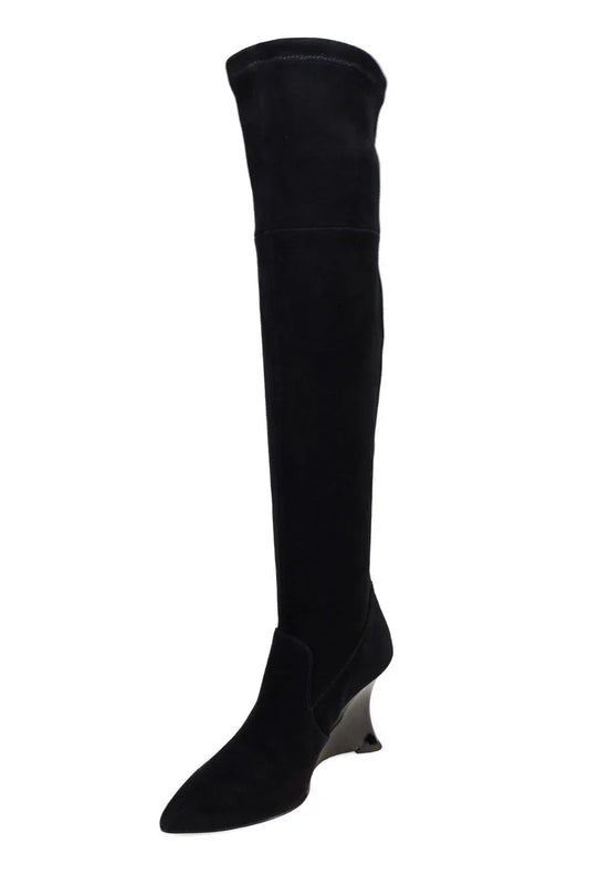 Natori Natsu Stretch Suede Over the Knee Wedge Boot - Black