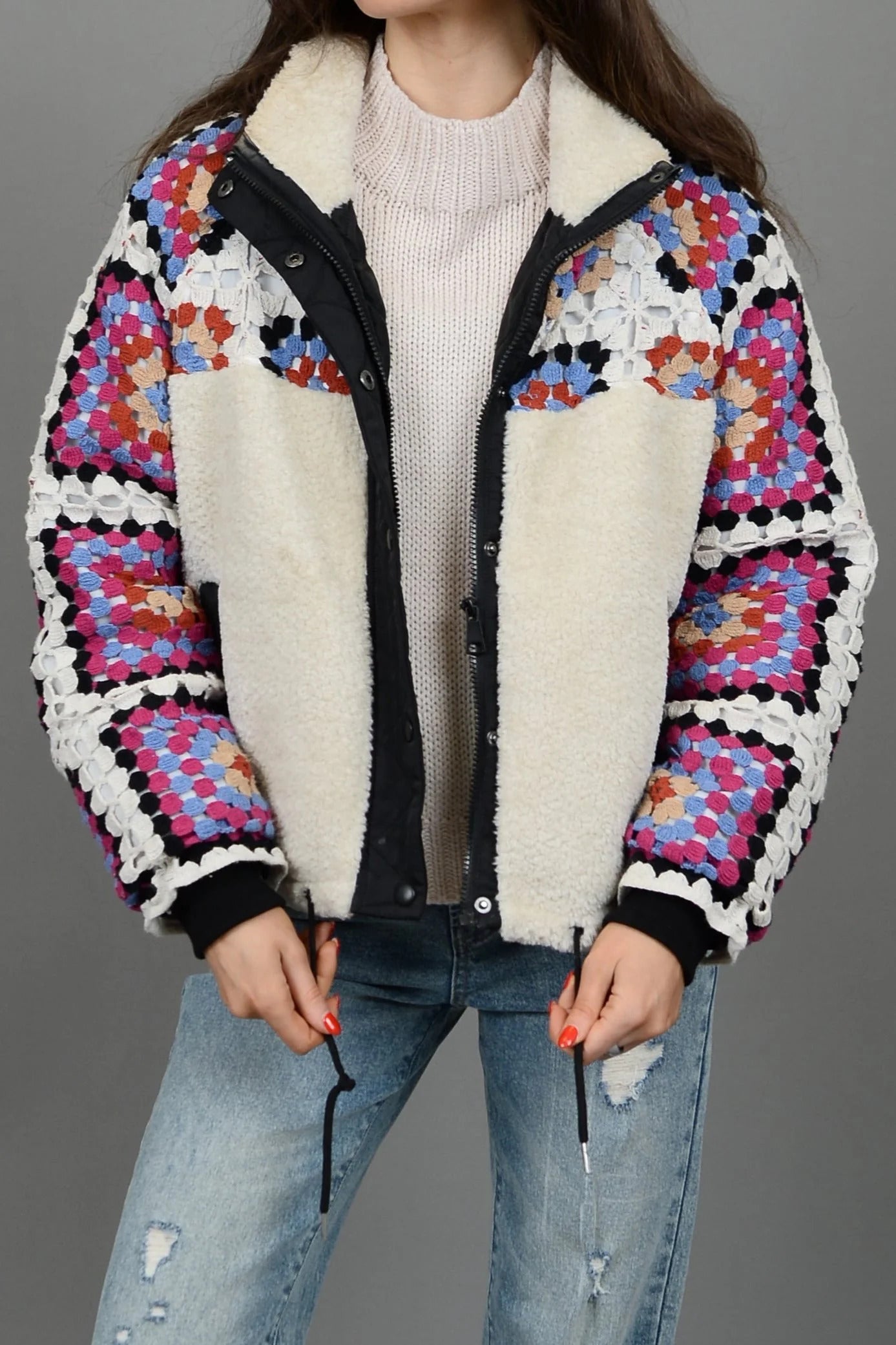 Ruby & Jenna Women's Crochet Sherpa Quilted Jacket