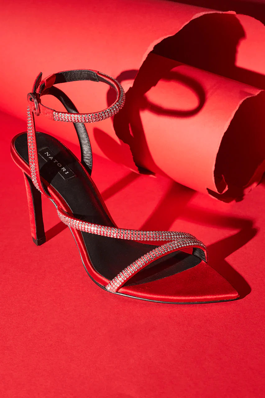 Natori Reiki Satin Embellished Ankle Strap Heel - Brocade Red