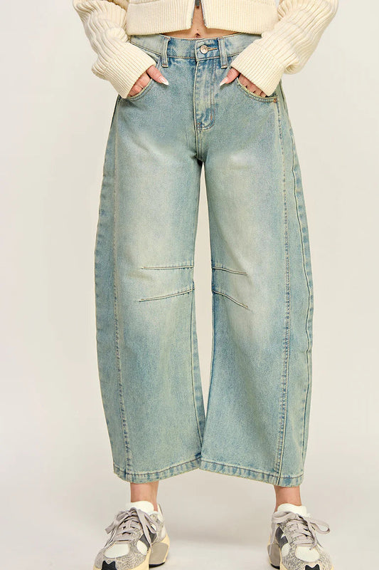 Ruby & Jenna Women's Mid Rise Barrel Jean - denim