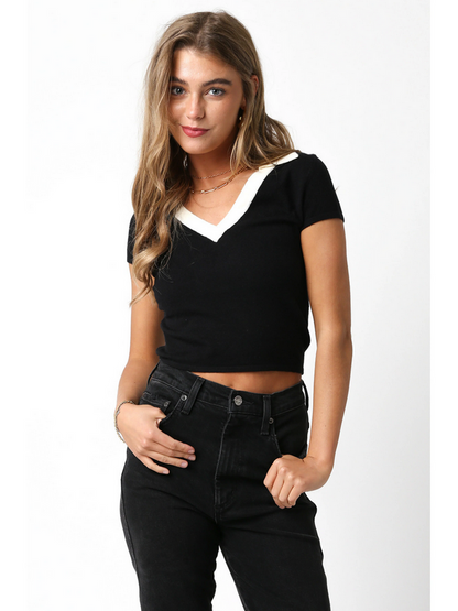 Ruby & Jenna Women's 2 Tone Collared Sweater