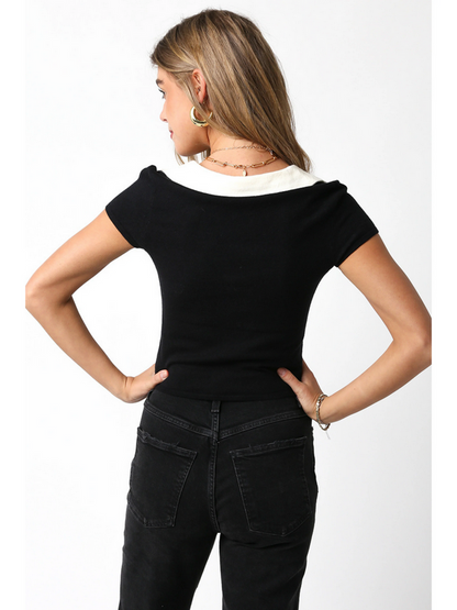 Ruby & Jenna Women's 2 Tone Collared Sweater