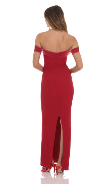 Lucy in the Sky Tulle Off Shoulder Sleeve Maxi Dress in Red