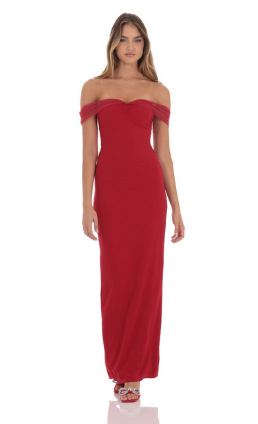 Lucy in the Sky Tulle Off Shoulder Sleeve Maxi Dress in Red