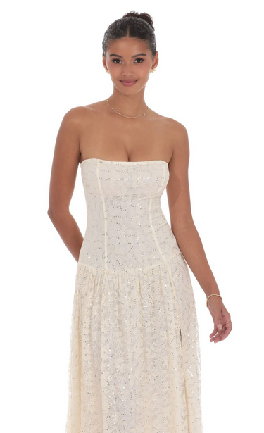 Lucy in the Sky Lace Sequin Drop Waist Maxi Dress in Cream