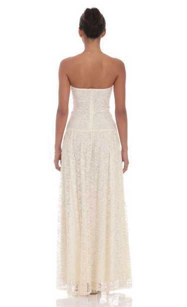 Lucy in the Sky Lace Sequin Drop Waist Maxi Dress in Cream