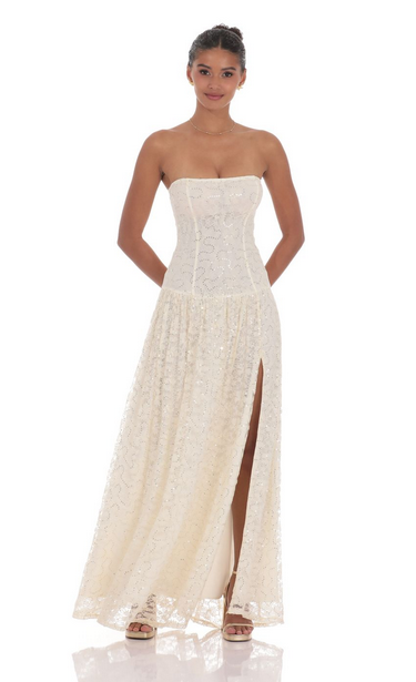 Lucy in the Sky Lace Sequin Drop Waist Maxi Dress in Cream