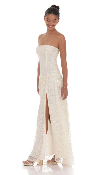 Lucy in the Sky Lace Sequin Drop Waist Maxi Dress in Cream