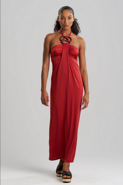 NATORI Solid Jersey Halter Dress - Spicy Red