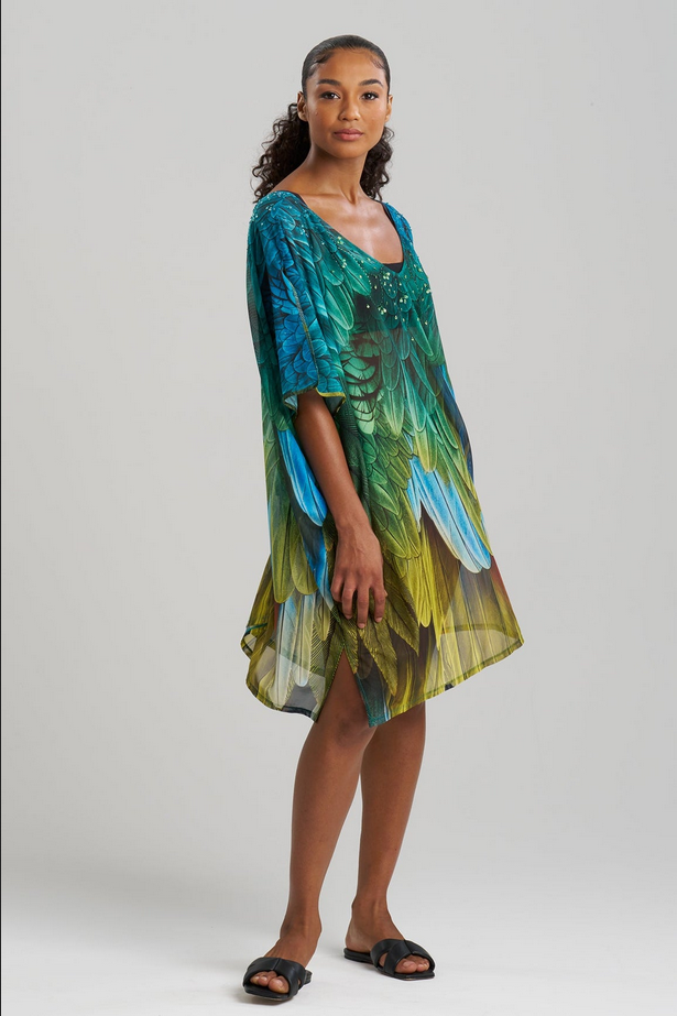 NATORI Paradise Printed Mesh Beaded Caftan