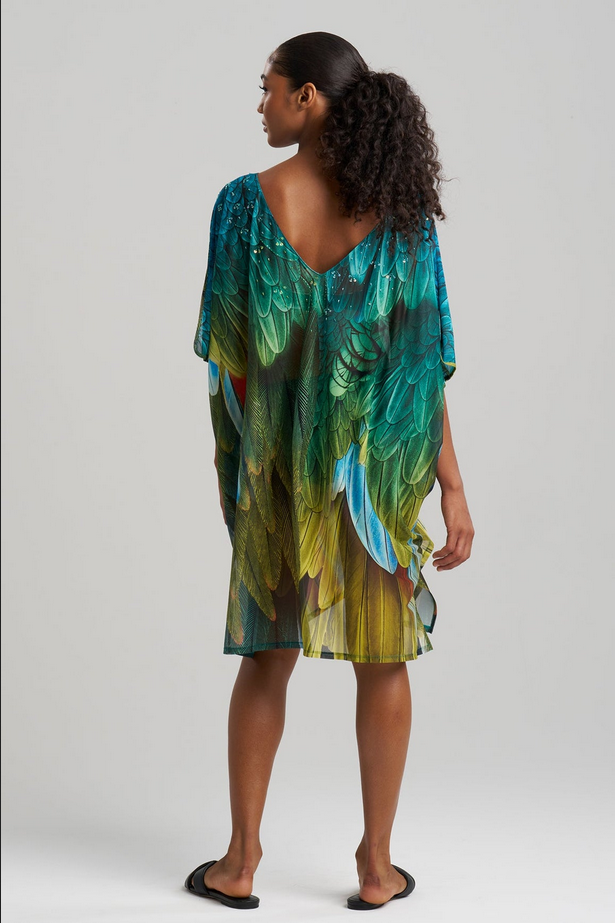 NATORI Paradise Printed Mesh Beaded Caftan