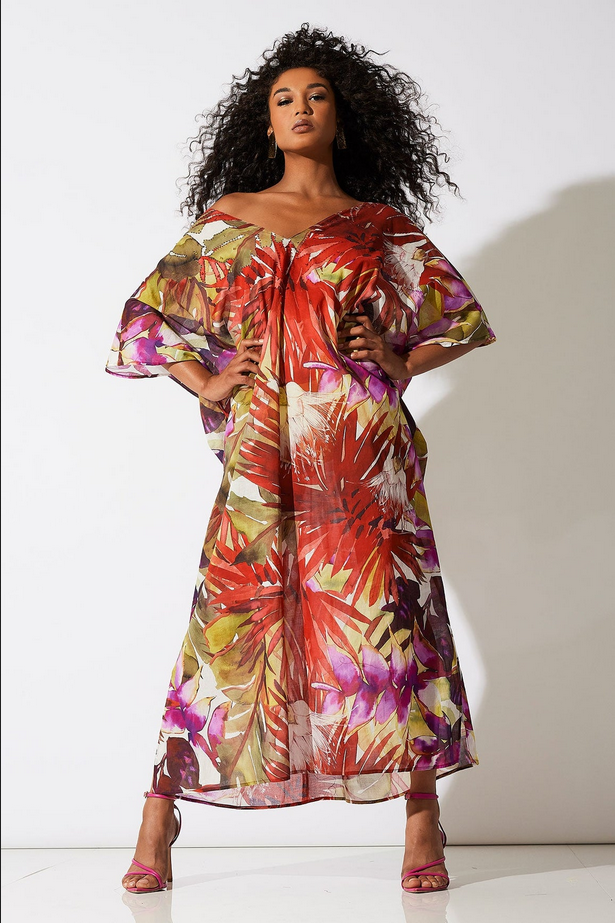 NATORI Rainforest Cotton Beaded Caftan