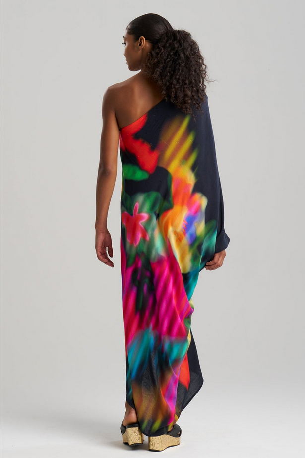 NATORI Floral Mirage Printed Rayon One Shoulder Caftan