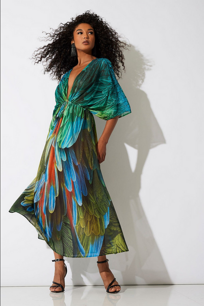 NATORI Paradise Printed Mesh Caftan Dress