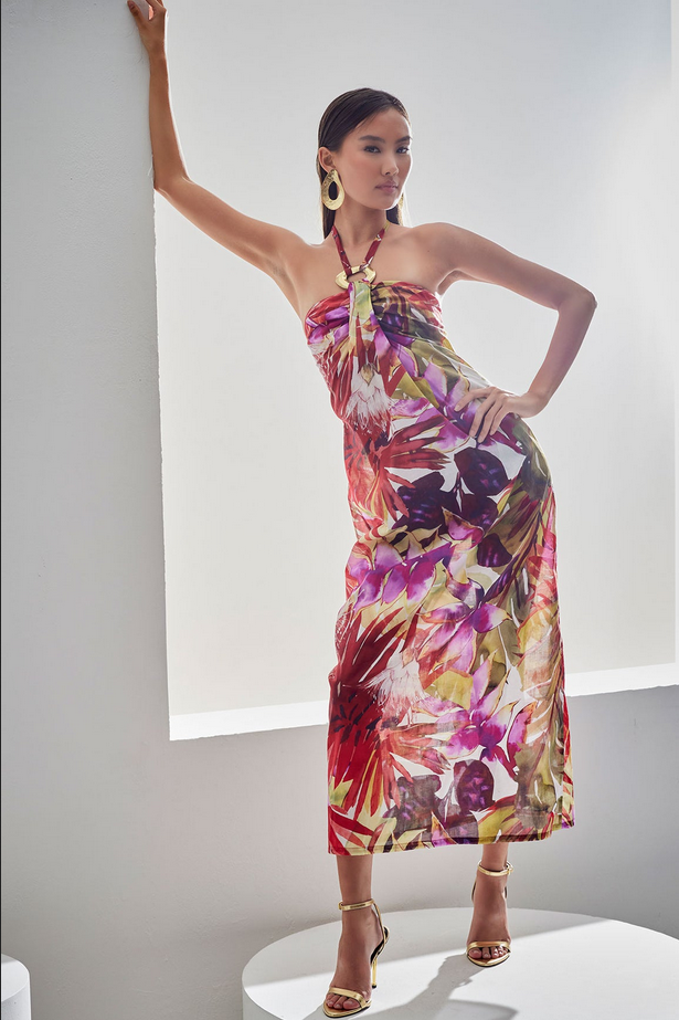 NATORI Rainforest Cotton Maxi Halter Dress