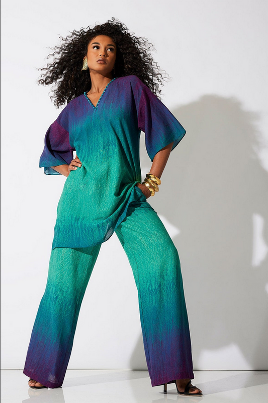 NATORI Ombre Printed Gauze Beaded Tunic - green