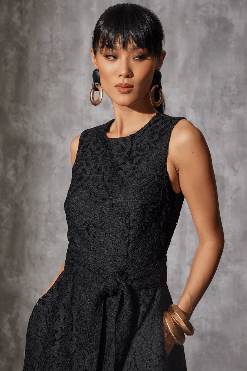 NATORI Scroll Lace Asymmetric Belted Dress - Black