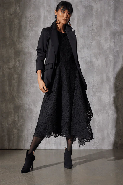 NATORI Scroll Lace Asymmetric Belted Dress - Black