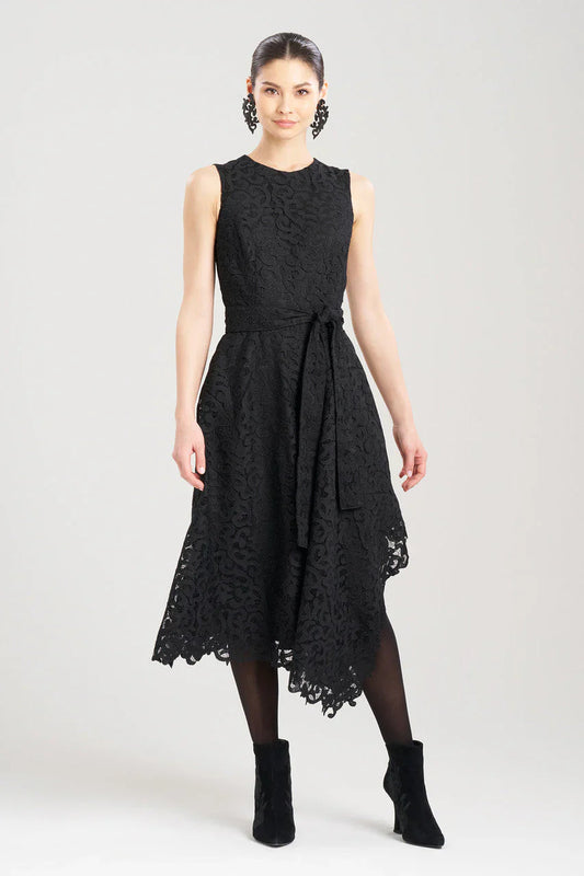 NATORI Scroll Lace Asymmetric Belted Dress - Black