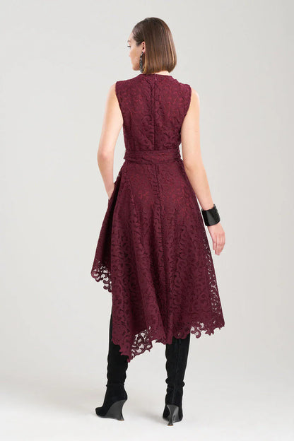 NATORI Scroll Lace Asymmetric Belted Dress - Bordeaux