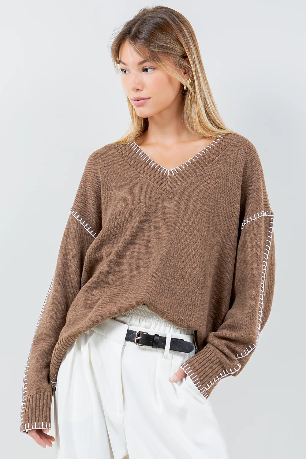 Ruby & Jenna Women's Blanket Stitch Sweater