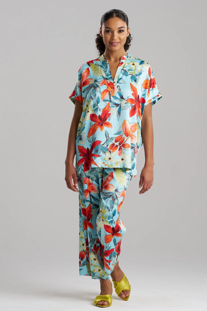 Natori Tropical Breeze Satin Short Sleeve PJ - Blue