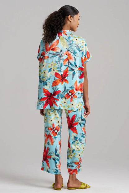 Natori Tropical Breeze Satin Short Sleeve PJ - Blue