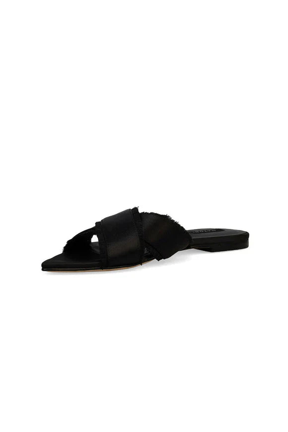 Natori Wayu Satin Fringe Cross Slide Sandals - Black