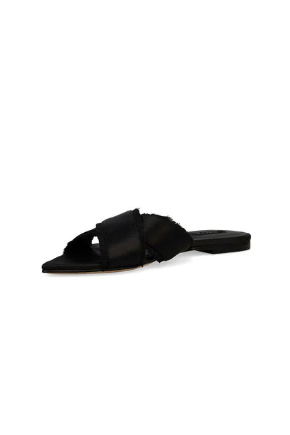 Natori Wayu Satin Fringe Cross Slide Sandals - Black
