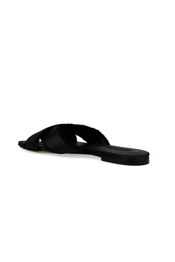 Natori Wayu Satin Fringe Cross Slide Sandals - Black