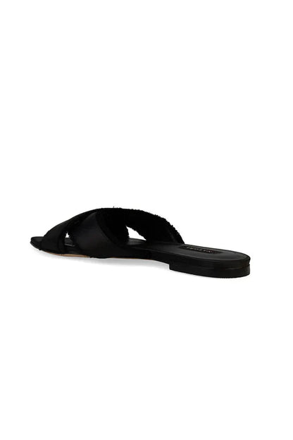 Natori Wayu Satin Fringe Cross Slide Sandals - Black
