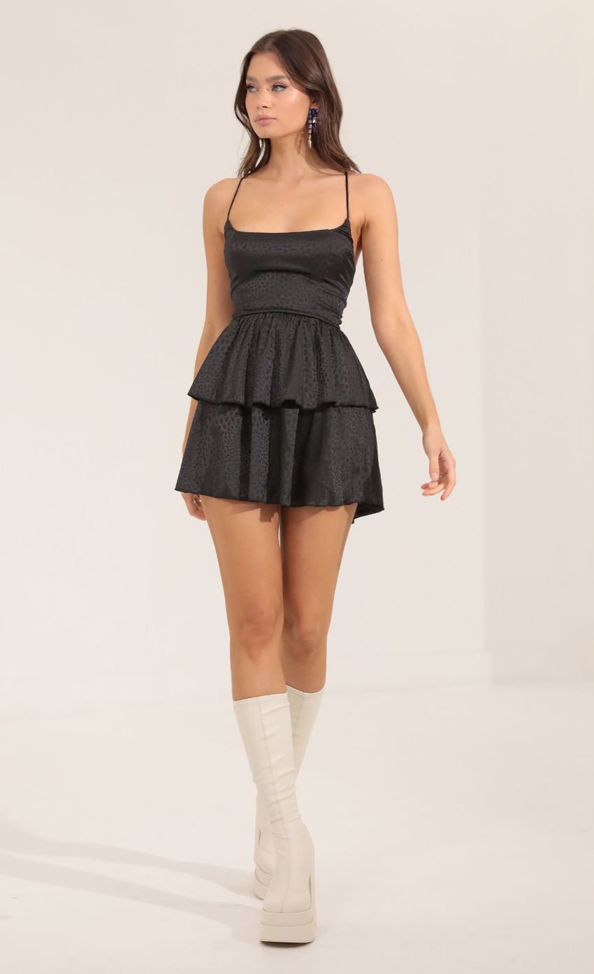 Lucy in the Sky Leopard Jacquard Ruffle Dress in Black