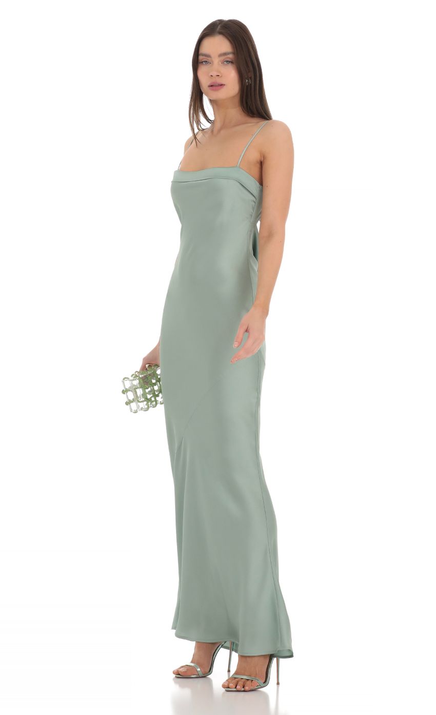 Lucy in the Sky Satin Open Back Maxi Dress in Sage