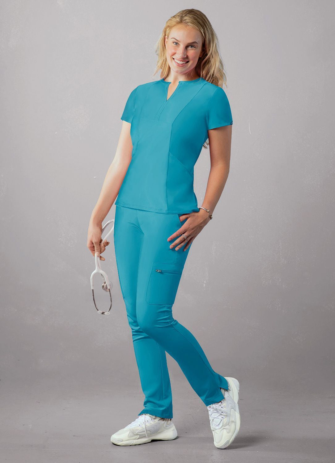 Adar Women's Notched V-neck Top - Teal Blue - White - Wine