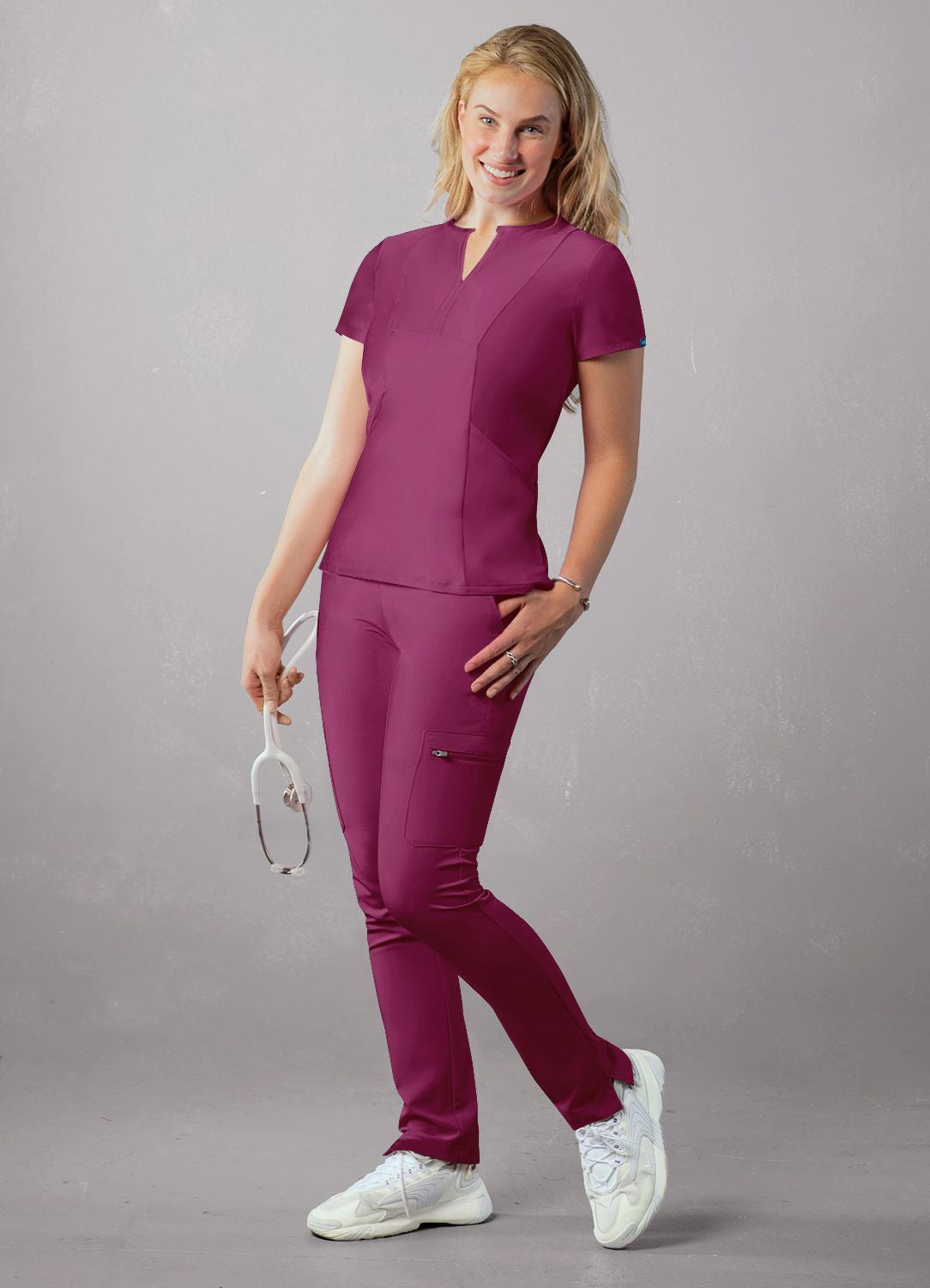 Adar Women's Notched V-neck Top - Teal Blue - White - Wine