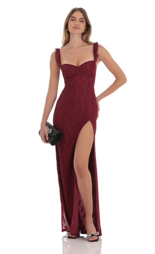 Lucy in the Sky Lace Ruffle Sleeve Maxi Dress in Wine