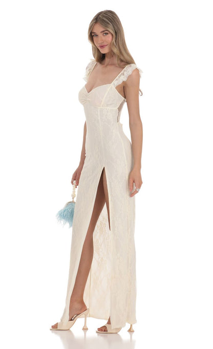 Lucy in the Sky Lace Ruffle Sleeve Maxi Dress in Cream