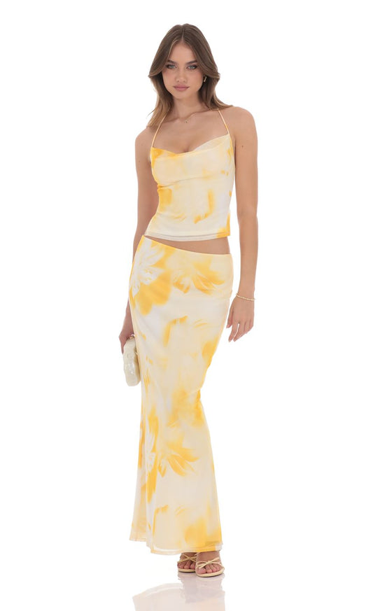 Lucy in the Sky Floral Cowl Neck Two Piece Set in Yellow