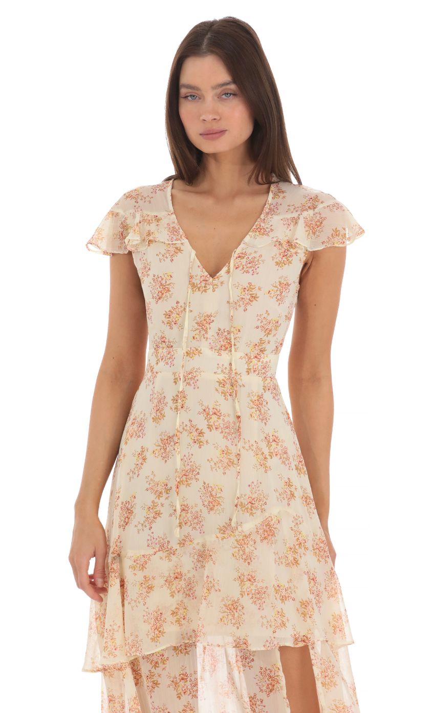 Lucy In The Sky Floral Shimmer Ruffle Dress in Yellow