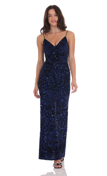 Lucy in the Sky Velvet Blue Sequin Back Bow Maxi Dress in Black