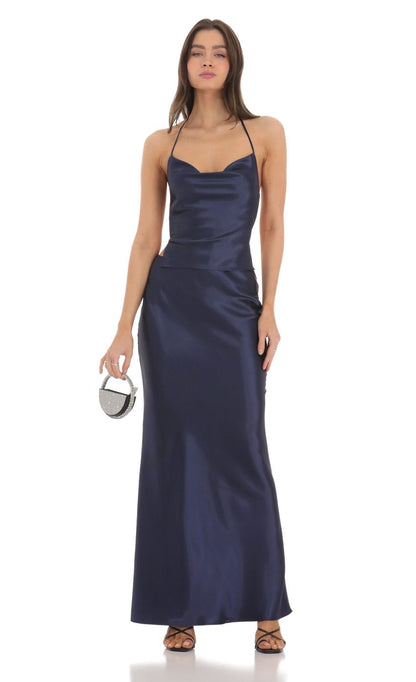 Lucy In The Sky Satin Slip Two Piece Set in Navy