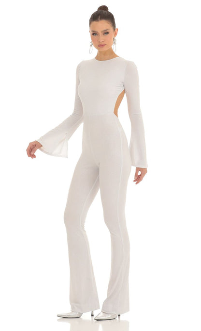 Lucy In The Sky Silver Shimmer Open Back Jumpsuit in White