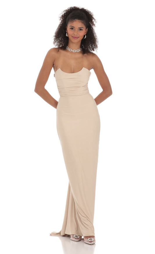 Lucy in the Sky Strapless Corset Sequin Butterfly Maxi Dress in Beige