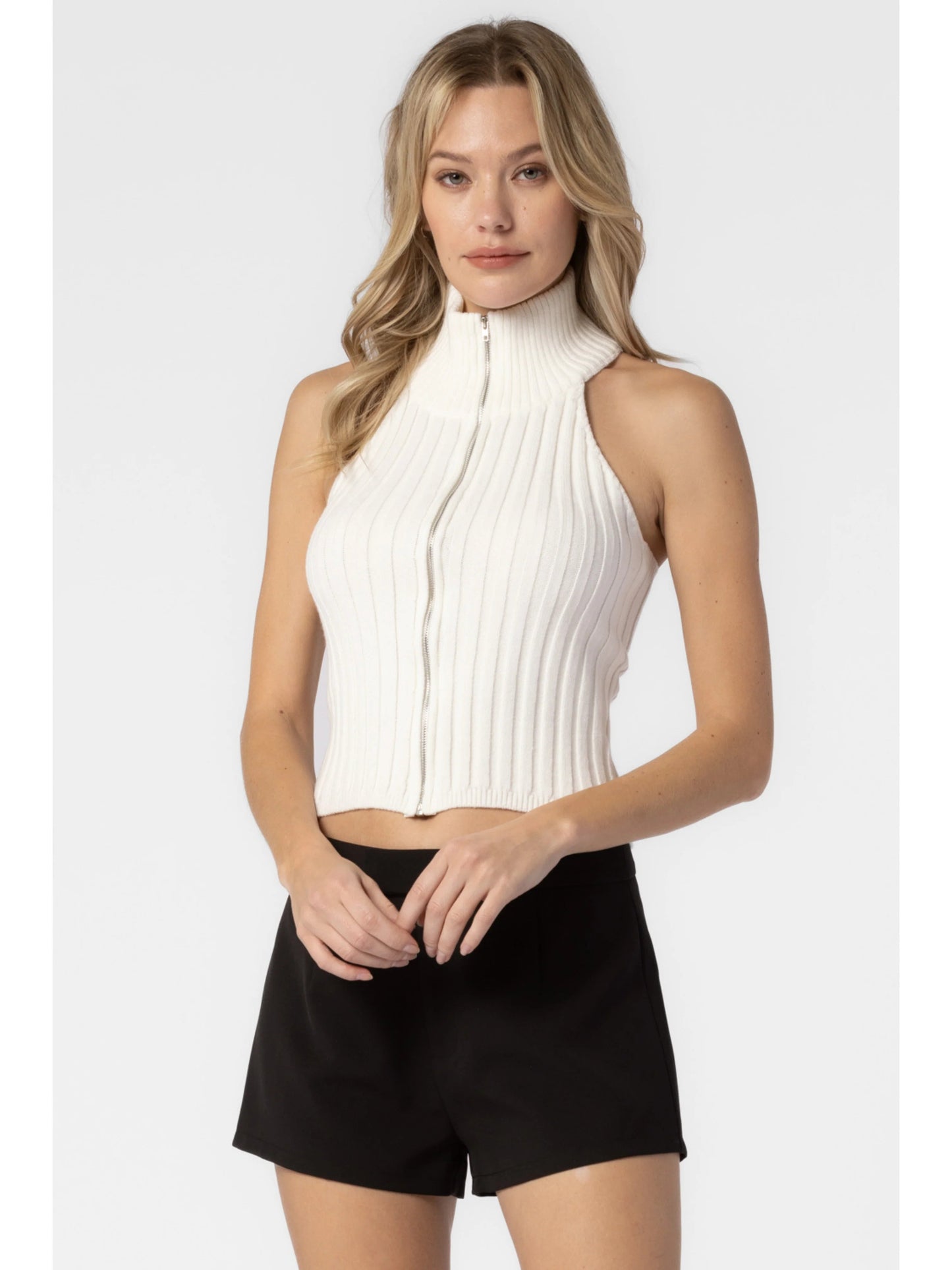 Ruby & Jenna Women's Ribbed Sleeveless High Neck Zip Top