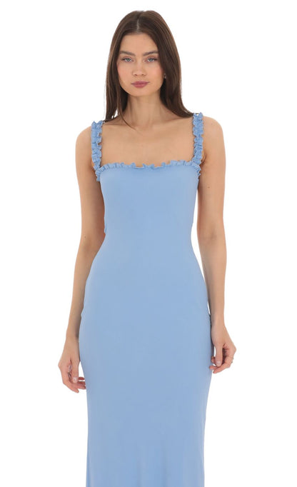 Lucy In The Sky Square Neck Ruffle Strap Maxi Dress in Blue