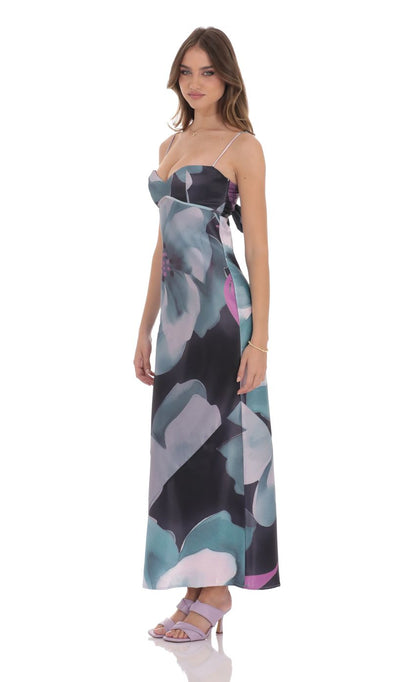 Lucy in the Sky Floral Back Tie Maxi Dress in Dark Teal