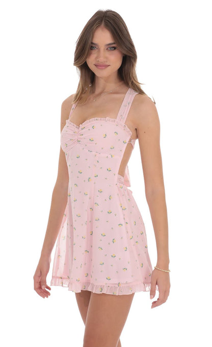 Lucy in the Sky Floral Strappy Back Bows Dress in Pink