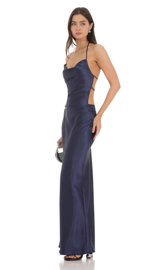 Lucy In The Sky Satin Slip Two Piece Set in Navy