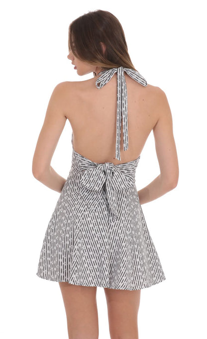 Lucy in the Sky Floral Striped Halter Open Back Dress in Black and White